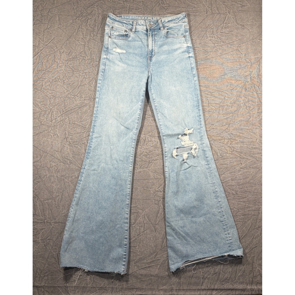 American Eagle Jeans Women 8 Blue Next Level Stretch Flare Distressed Raw Hem